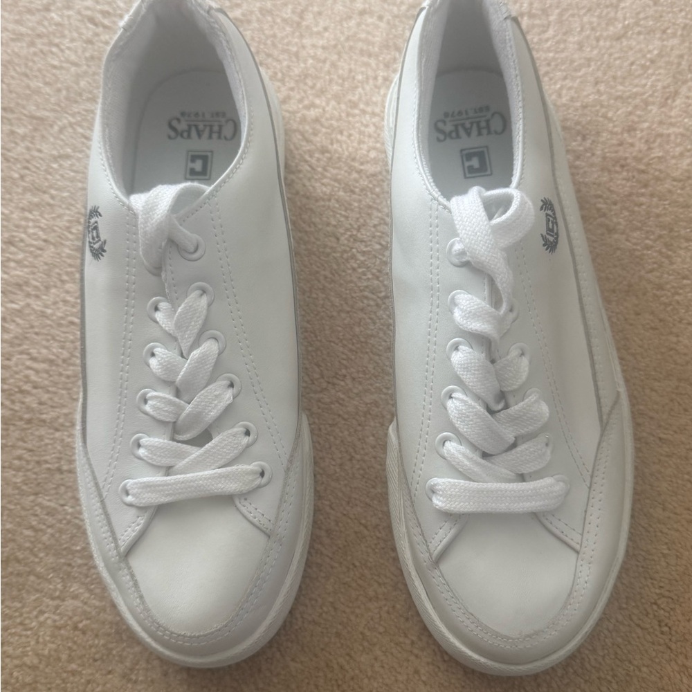 Chaps White Low-Top Leather Sneakers with Navy Logo Heel Patch